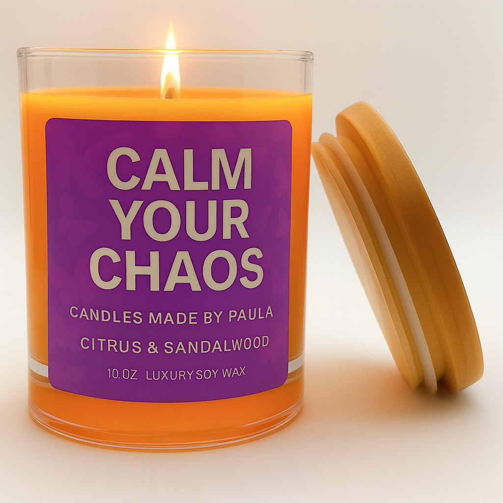 Citrus & Sandalwood candle with bright citrus and soothing sandalwood for calming focus and mental clarity