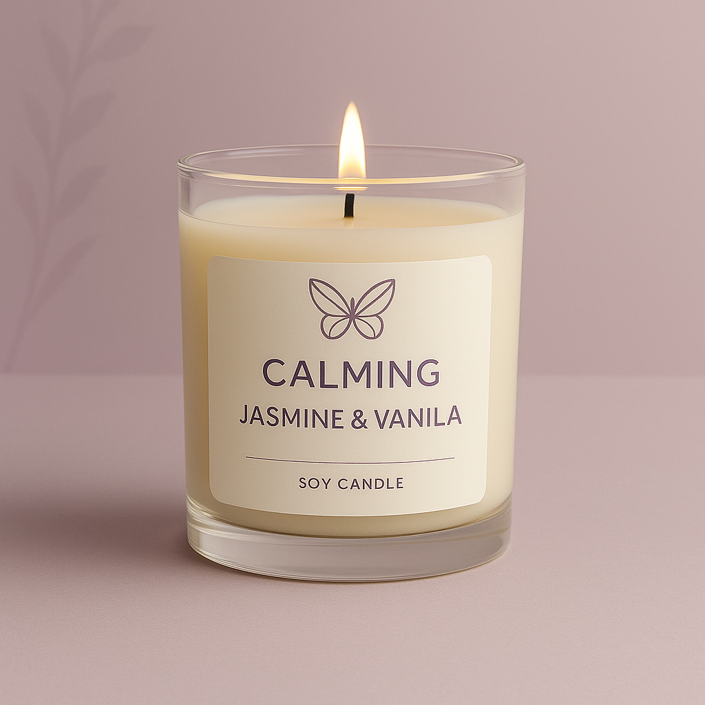 Calming Jasmine & Vanilla candle with fresh floral and warm vanilla scent for relaxation and home spa ambiance