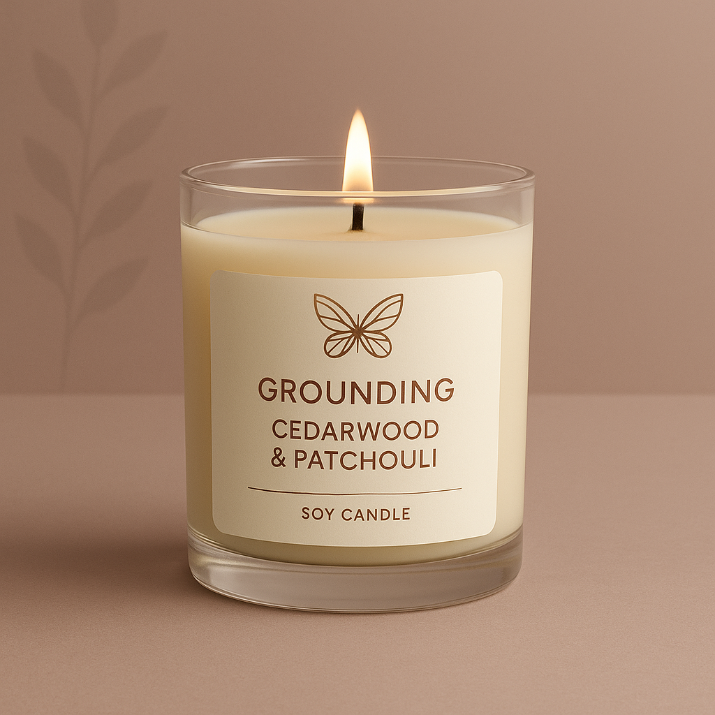 Grounding candle with cedarwood and patchouli earthy fragrance in a minimalist jar