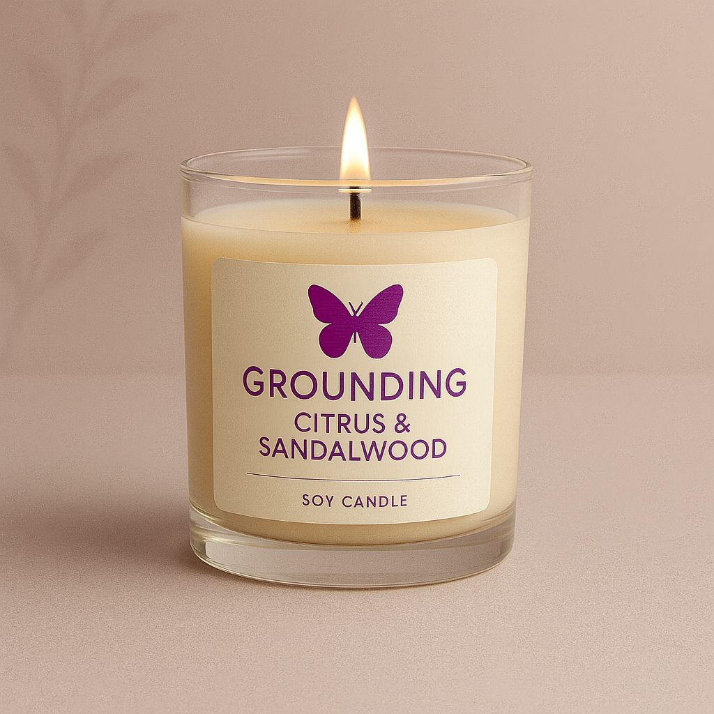 Grounding Citrus & Sandalwood candle with bright citrus and warm sandalwood for balanced energy and focus