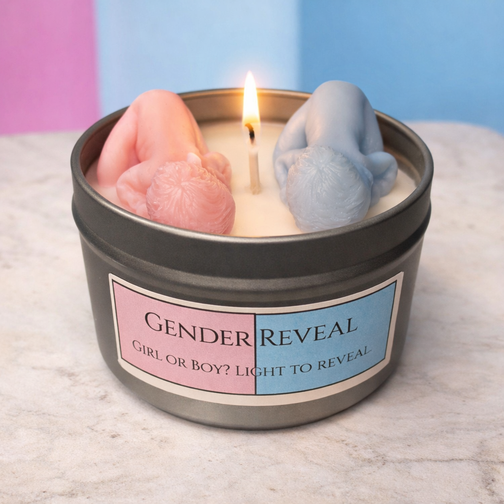 Gender reveal candle in 8 oz tin with pink or blue color surprise inside