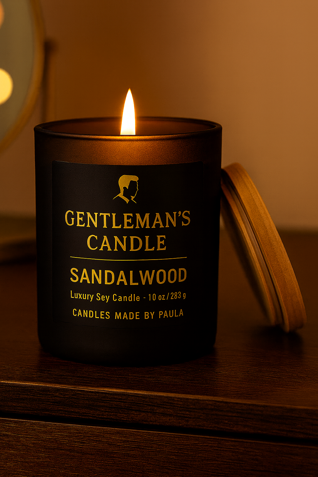 Sleek black jar sandalwood candle with rich masculine fragrance for relaxation and focus