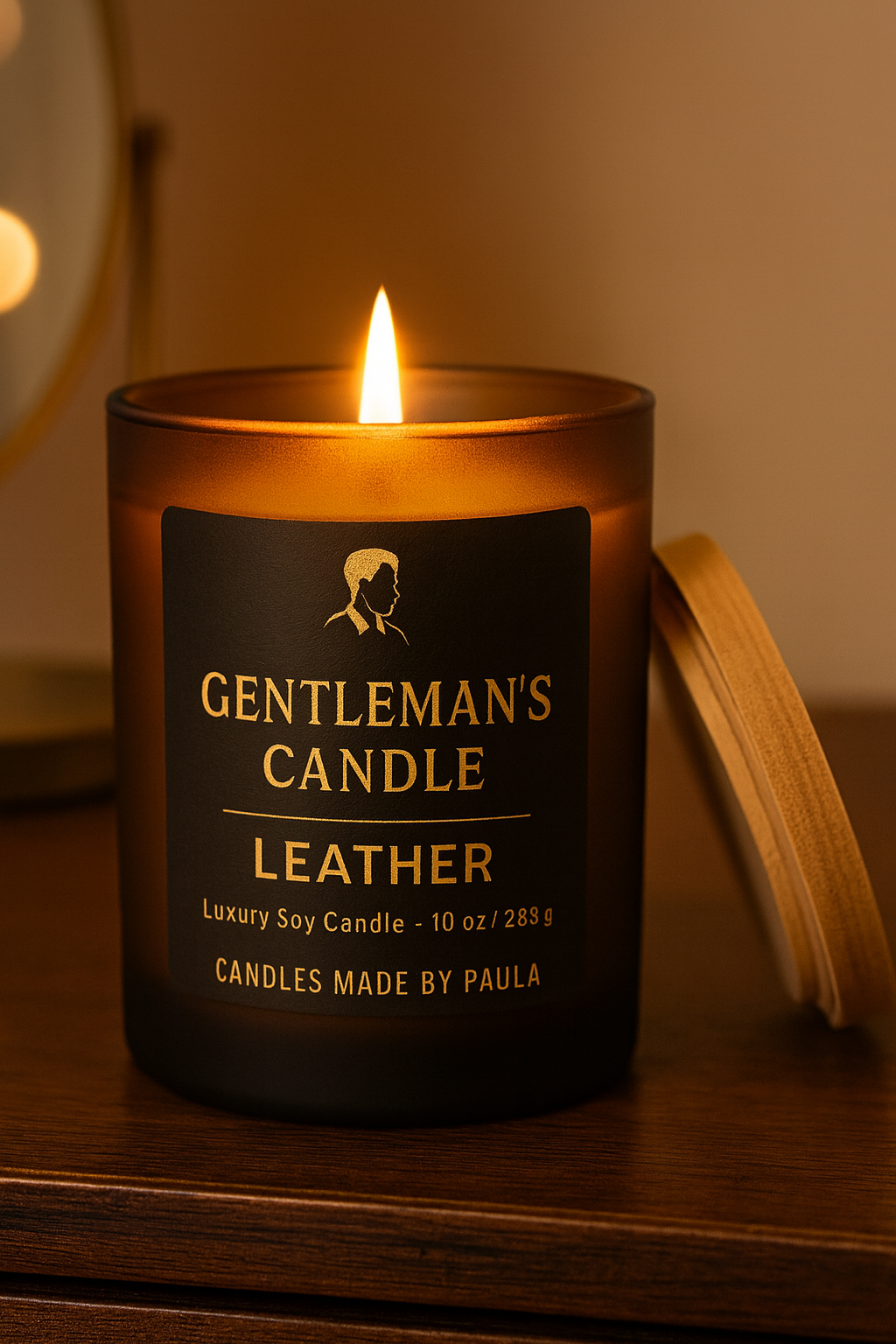 Hand-poured Leather Candle in matte black jar with bold masculine leather fragrance