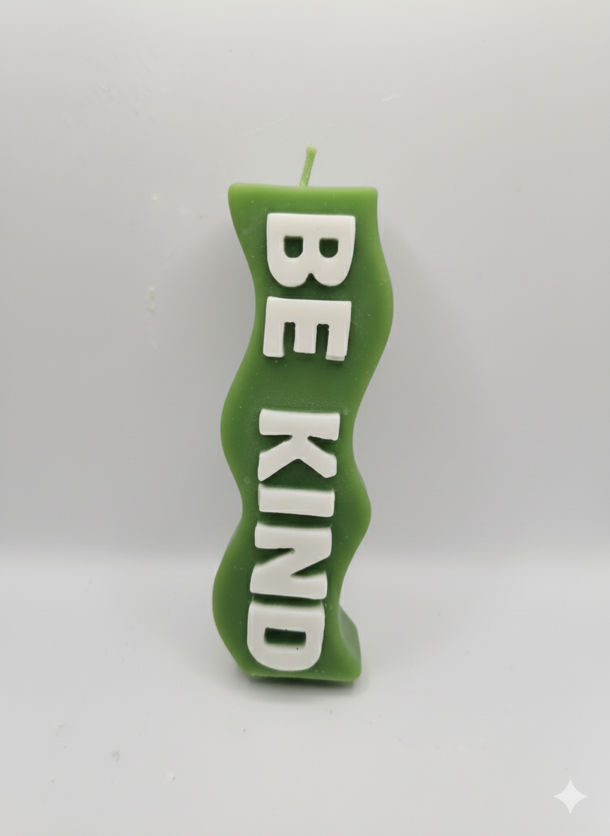 Green Be Kind Candle with eucalyptus scent and "Be Kind" message for calming ambiance