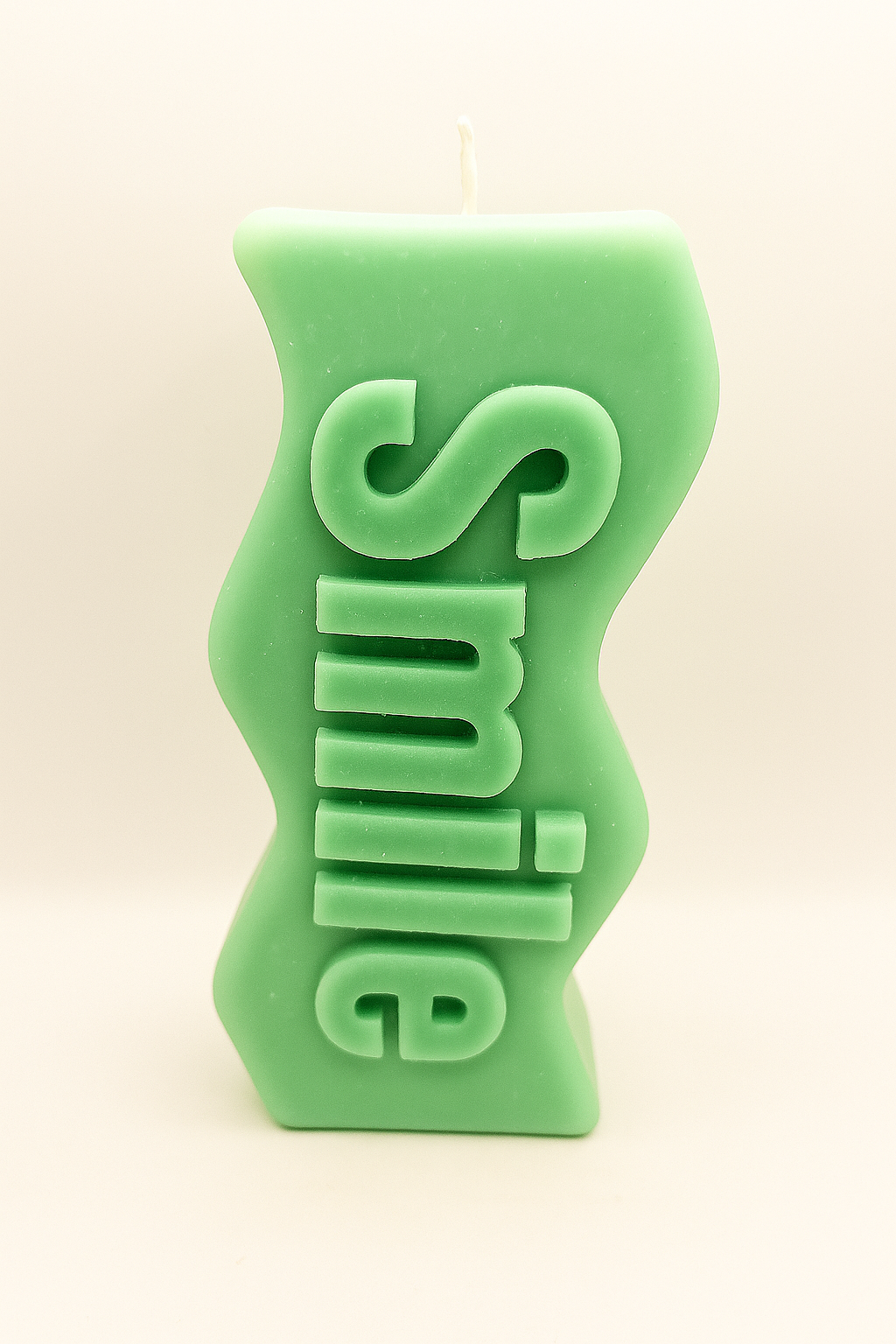 Green Smile Candle with cheerful smile message, eucalyptus or unscented, hand-poured soy wax, decorative and uplifting ambiance.