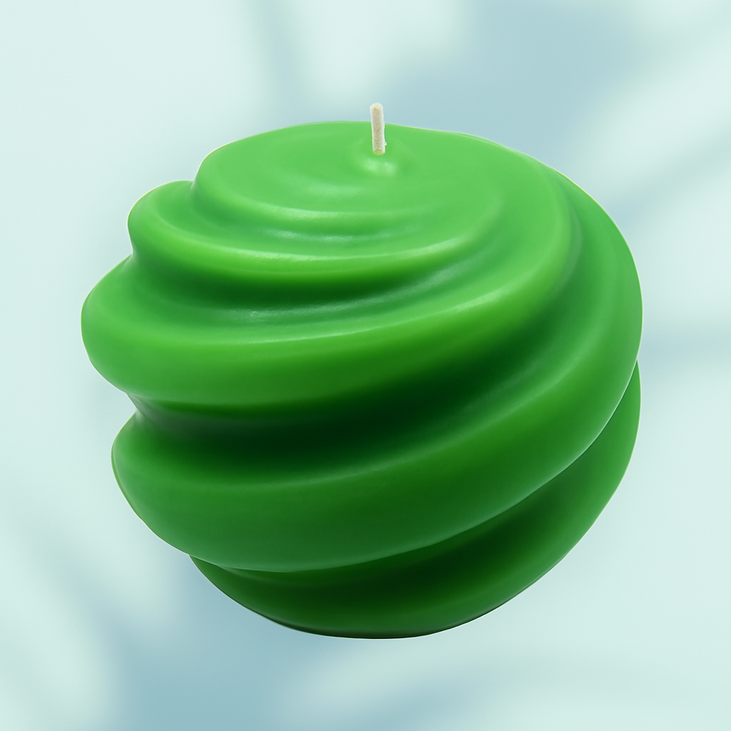 Hand-poured Green Swirl Candle with vibrant green swirl design and fresh invigorating scent