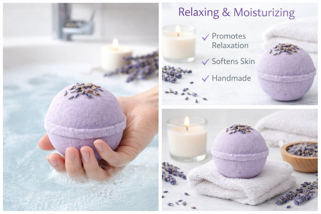 Lavender Bath Bomb dissolving in water with calming lavender scent for relaxation and skin nourishment
