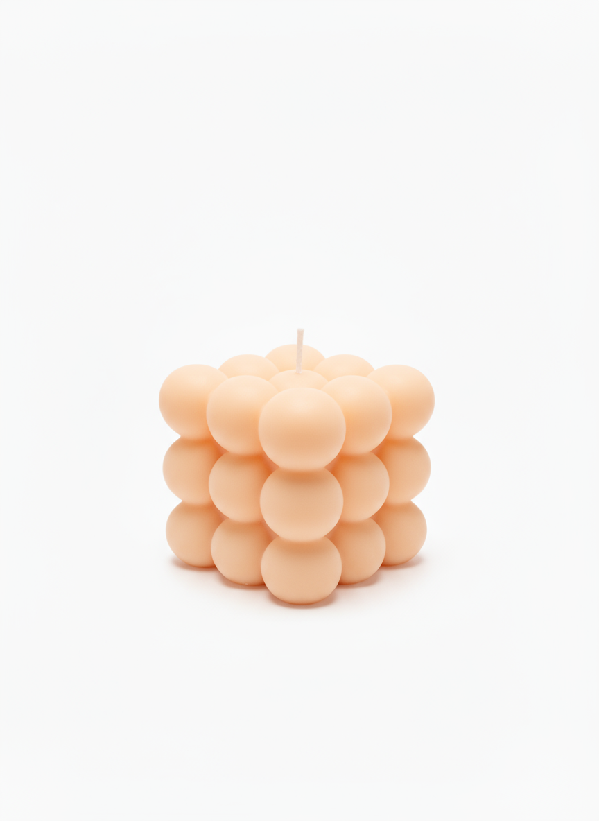 Peach Bubble Cube Candle in pastel peach with modern geometric bubble design and soy wax finish