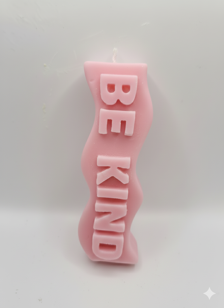 Pink Be Kind Candle with inspirational quote and rose scent in soft pink hue