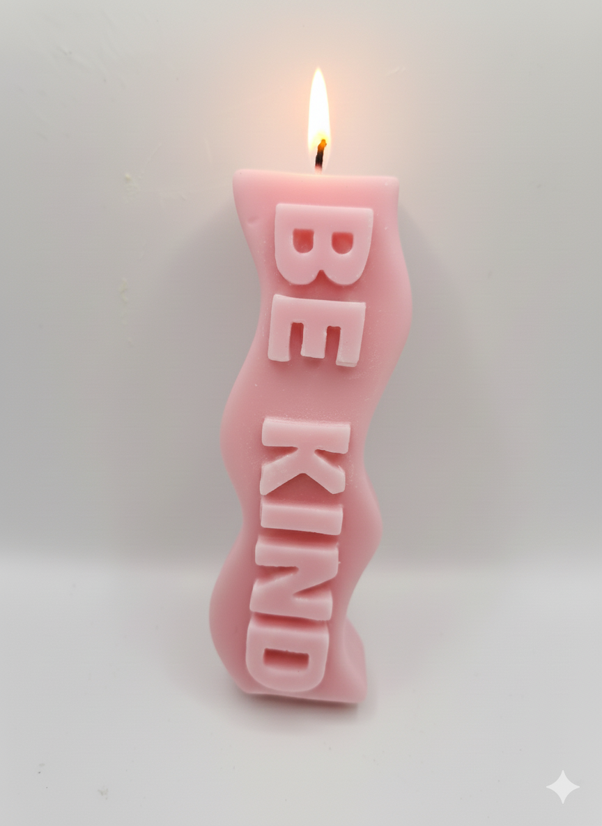 Pink Be Kind Candle with soft pink hue and Be Kind message, rose scent, hand-poured for clean burn, 8–10 hour burn time