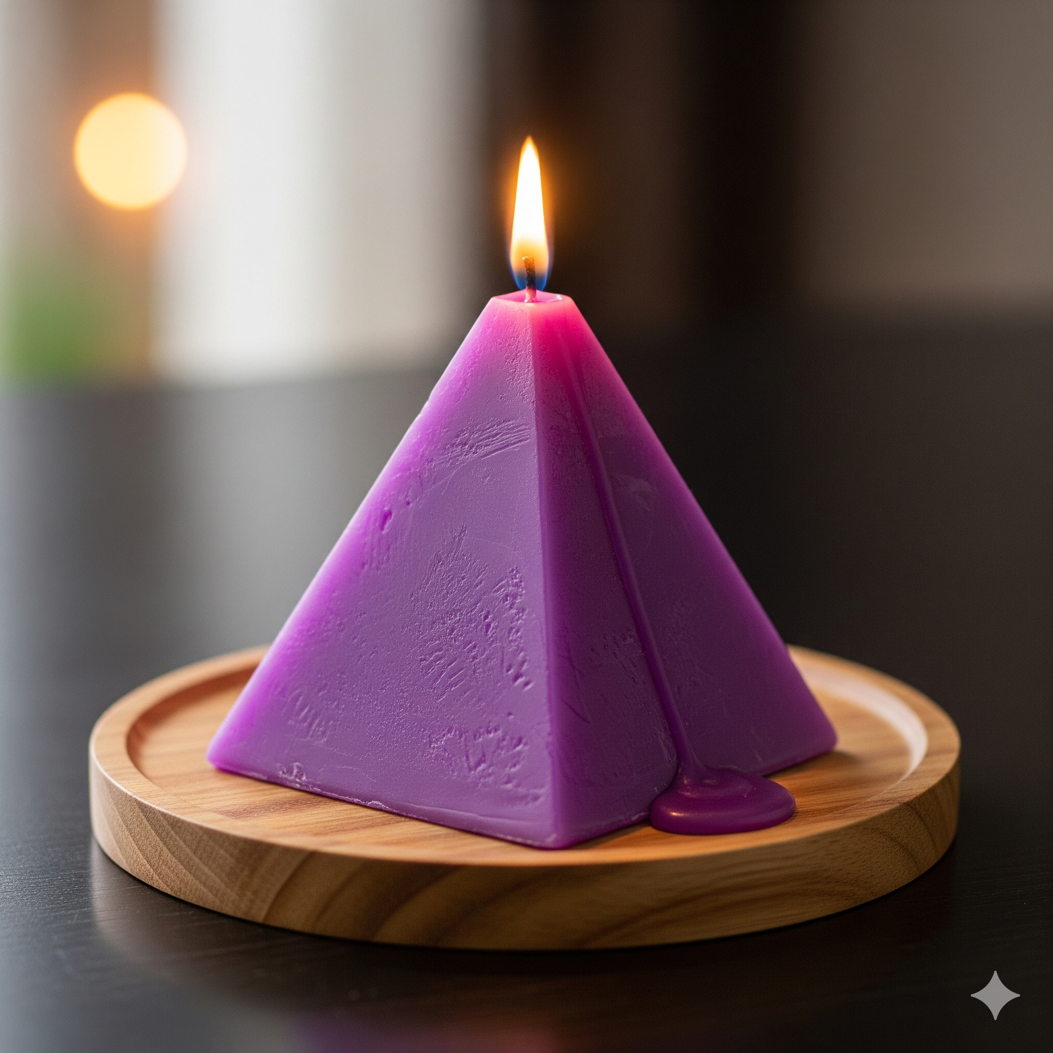 Premium soy wax pyramid candle in purple, white, and green with aromatherapy scents for meditation and spiritual wellness