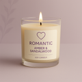 Hand-poured Romantic Amber & Sandalwood candle with a warm flickering flame.