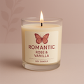 Romantic Rose & Vanilla candle with soft floral and warm vanilla scent in elegant glass jar