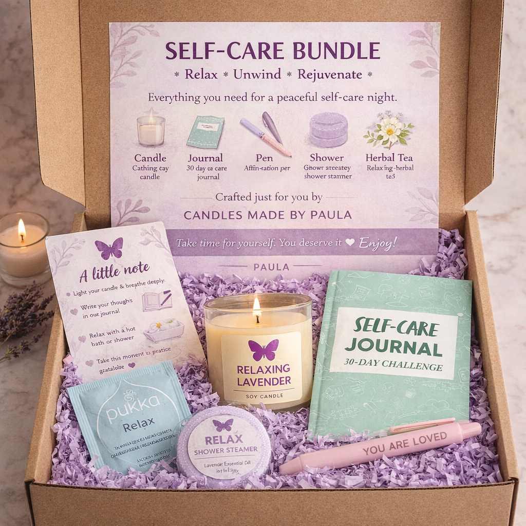 Self-Care Bundle Box with journal, affirmation pen, bath bombs, candle, and tea for relaxation and mindfulness