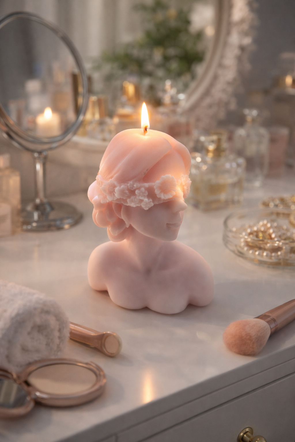 Soft pink Girl with Blindfold candle sculpture with pearl blindfold detail