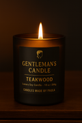 Elegant teakwood candle in matte black jar with warm woodsy fragrance