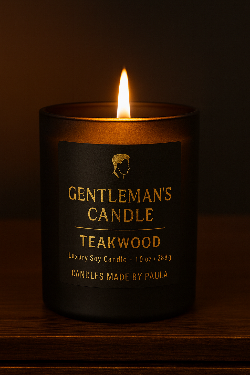 Elegant teakwood candle in matte black jar with warm woodsy fragrance
