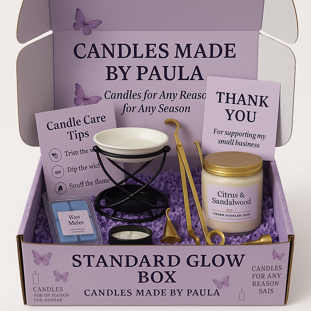 Standard Glow Box luxury candle gift set with wax melts and burner in lavender packaging