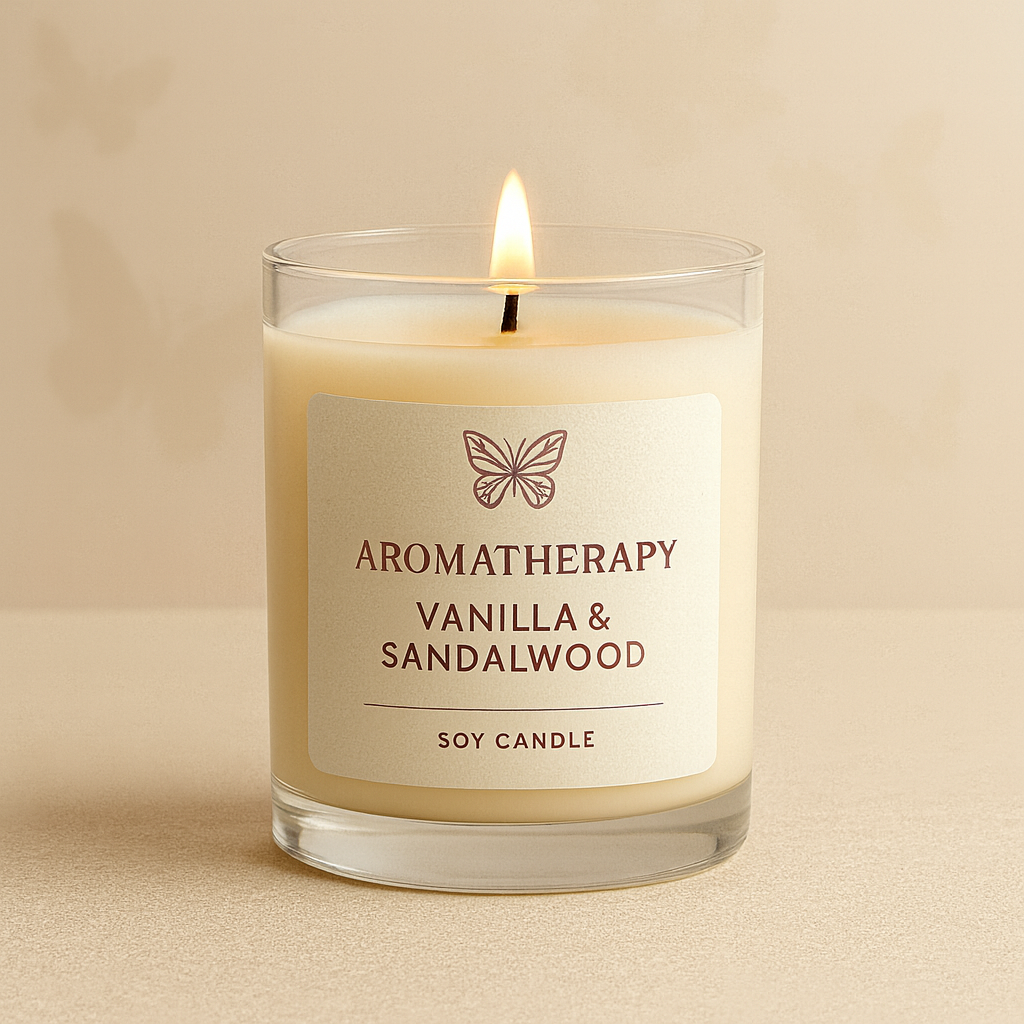 Relaxation Vanilla & Sandalwood candle with warm aromatherapy scent for cozy comfort and ultimate calm