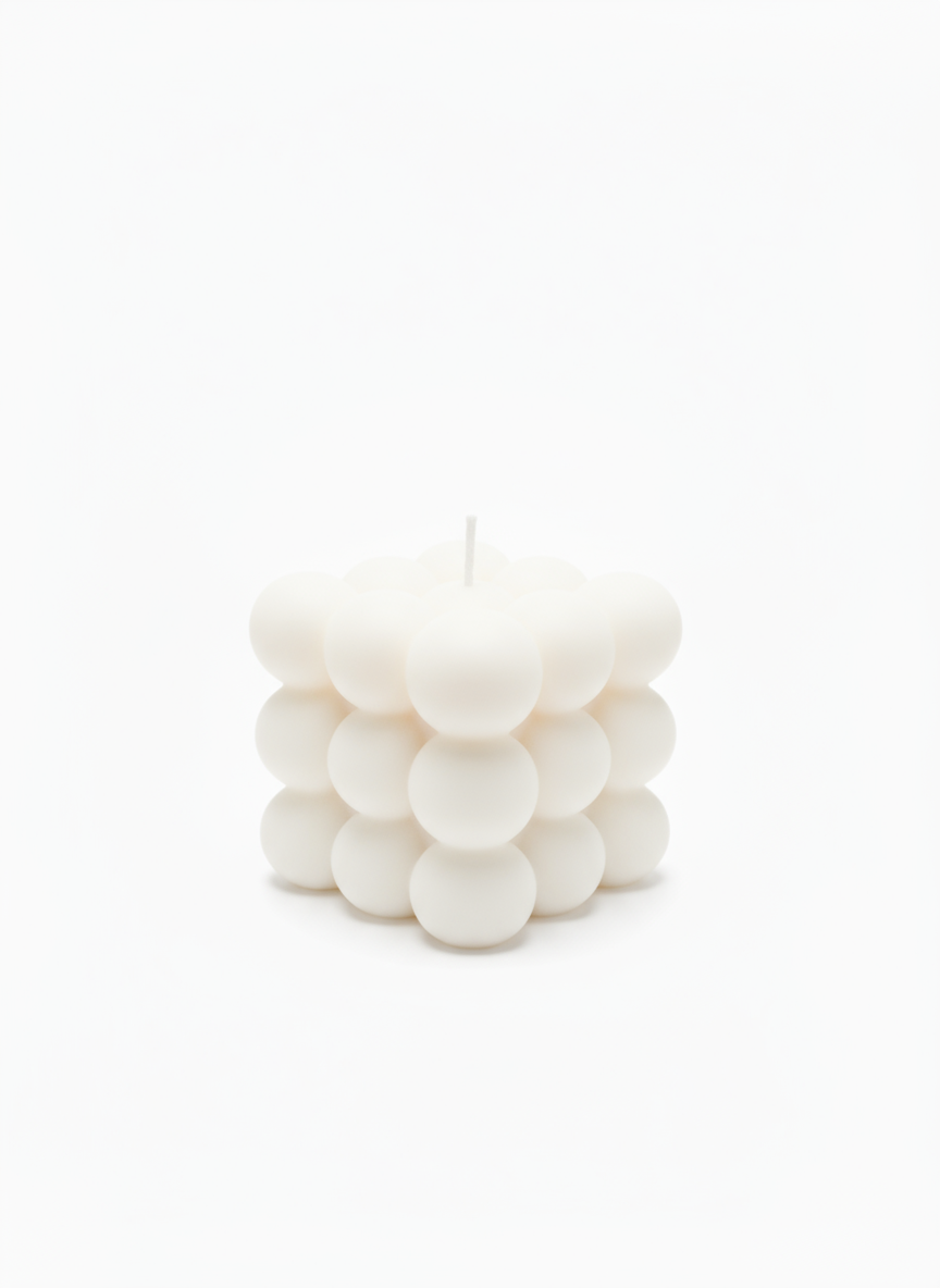 Modern Bubble Cube Candle with raised bubble design in purple, white, and green soy wax options