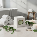 Eucalyptus Bath Bomb fizzing in water with eucalyptus leaves, promoting relaxation and skin nourishment