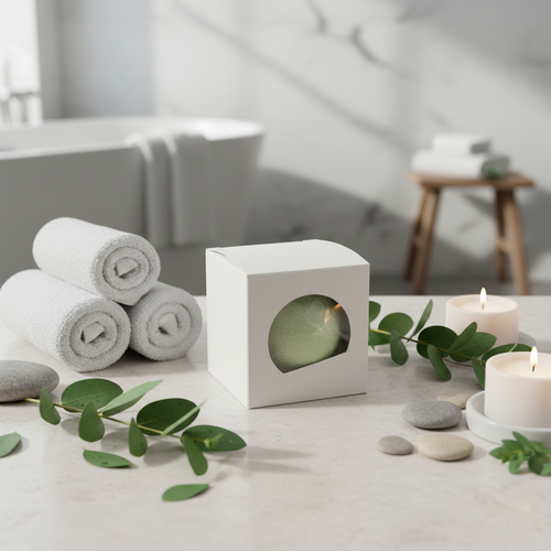 Eucalyptus Bath Bomb fizzing in water with eucalyptus leaves, promoting relaxation and skin nourishment