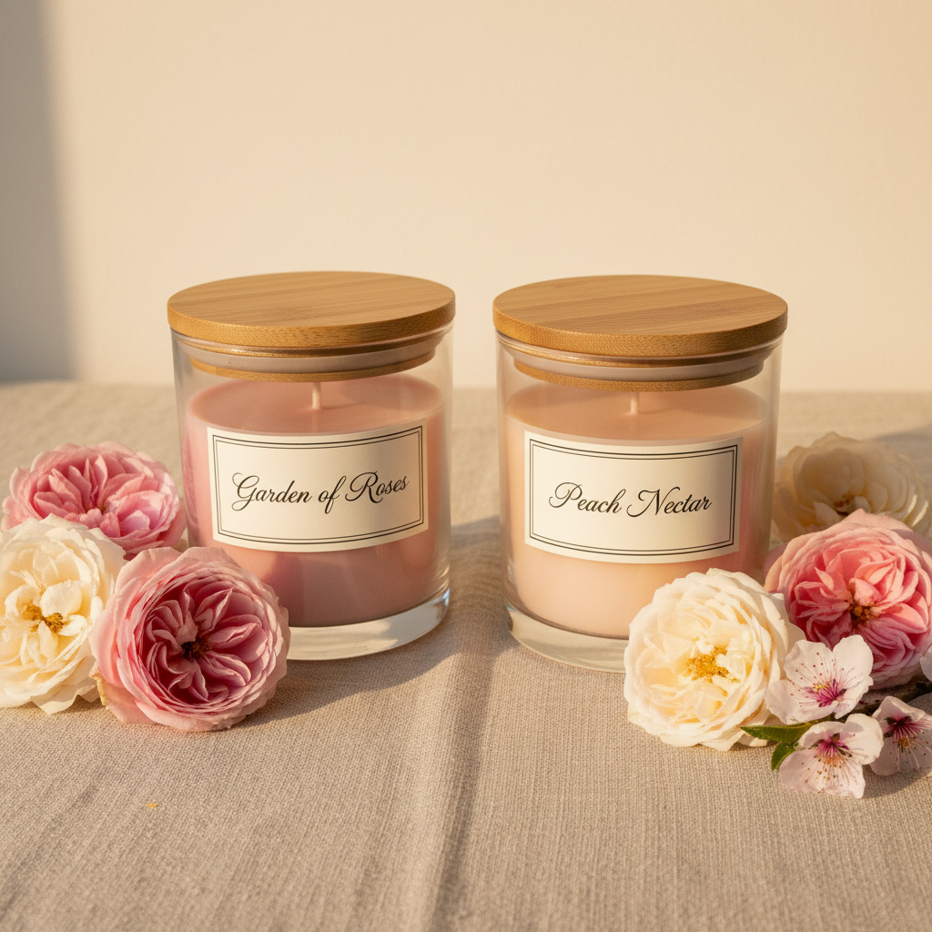 Two scented candles with wooden lids on a textured surface with flowers around them.