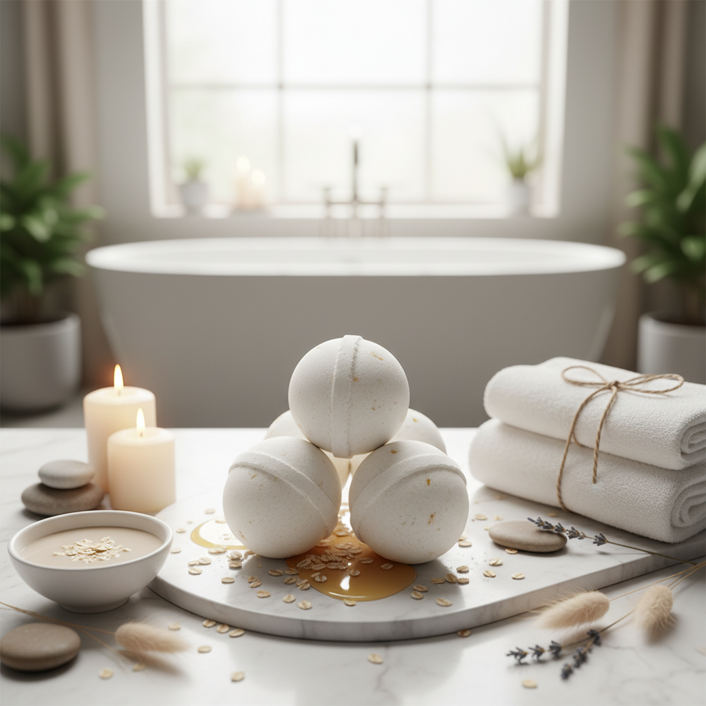 Oatmeal, Milk, & Honey Bath Bombs in Spa Setting