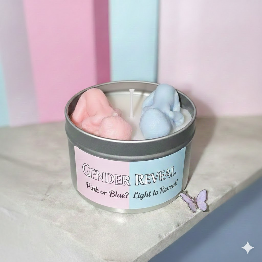 Gender Reveal Candle in 8 oz tin revealing pink or blue color for baby announcement celebration