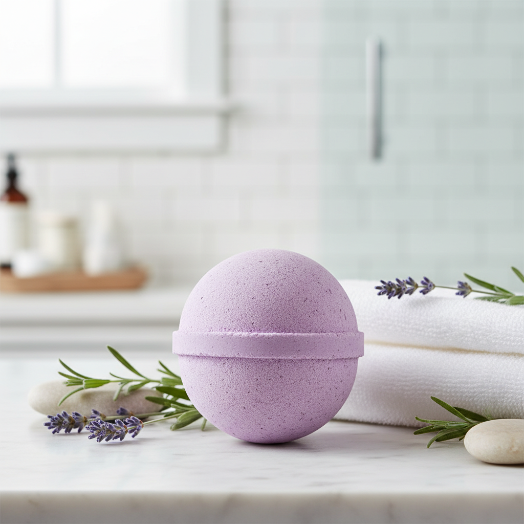 Lavender Bath Bomb releasing calming lavender scent and soothing fizz in bath water for relaxation and skin nourishment