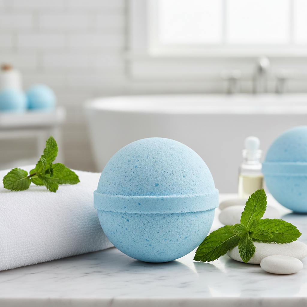 Peppermint Bath Bomb fizzing in water with mint leaves and spa elements for refreshing bath experience